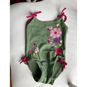 Baby Gap Green One Piece Swimsuit with Pink Floral Embroidery and Pink Ties